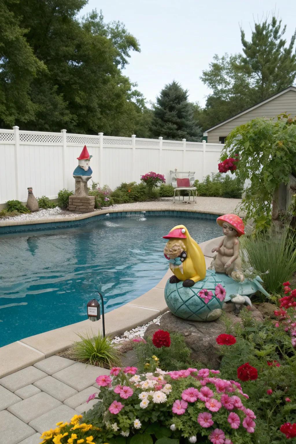 A whimsical pool area with unique sculptures for added charm.