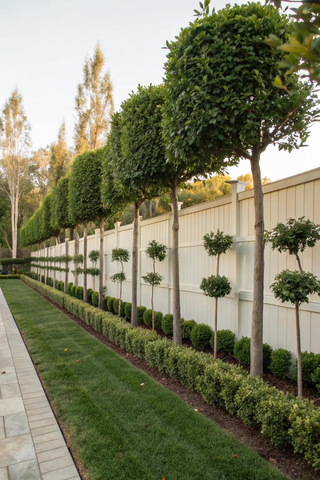 Espalier trees add artistic flair and privacy.