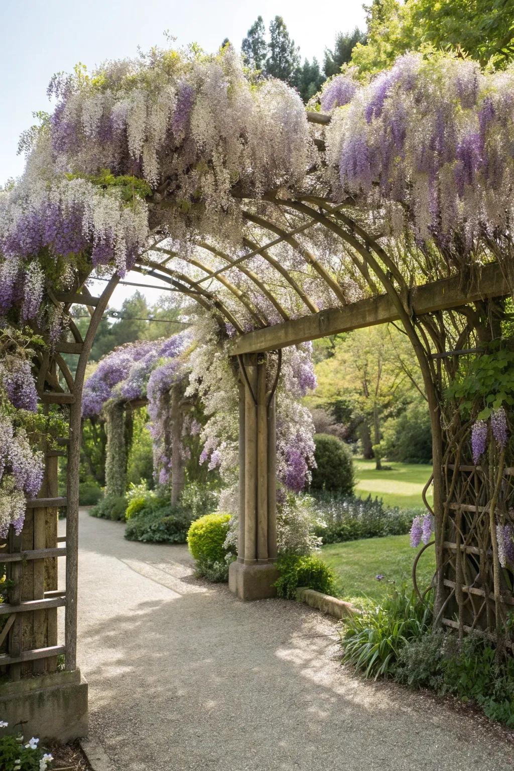 Flowering vines on arches add elegance and privacy to any space.