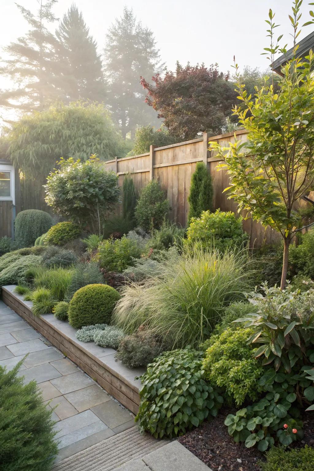 Layered planting offers a lush and organic approach to backyard privacy.