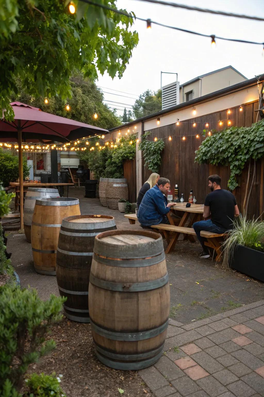 Wine barrels offer rustic and creative seating options.