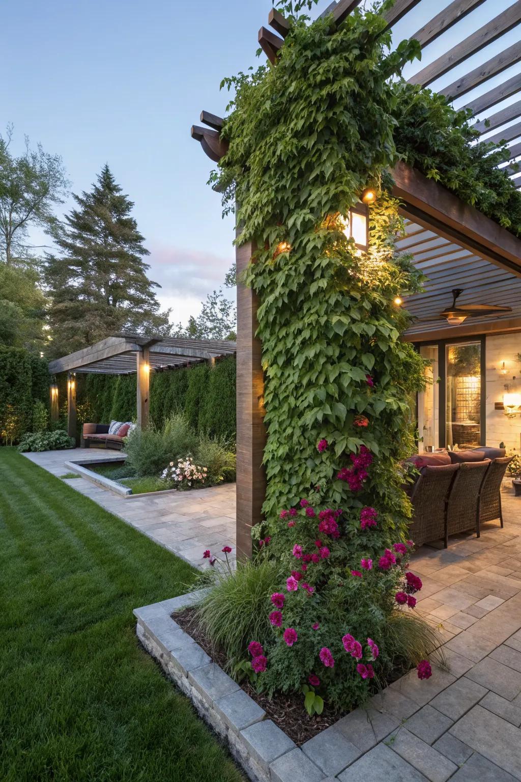 A vertical garden under a pergola creates a lush, living wall.
