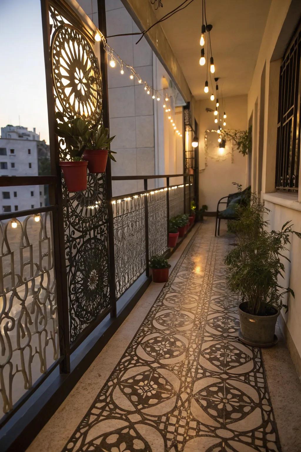 Balcony with artistic metal screens for creative flair.