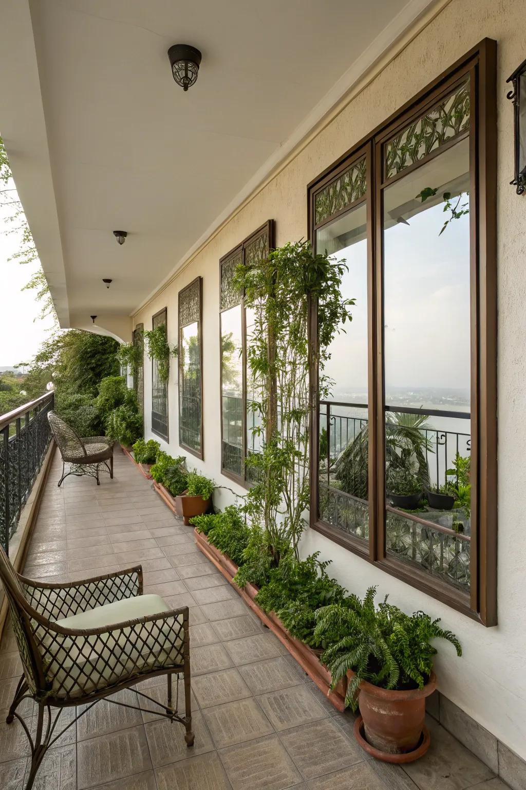 Outdoor mirrors can visually expand your balcony space.