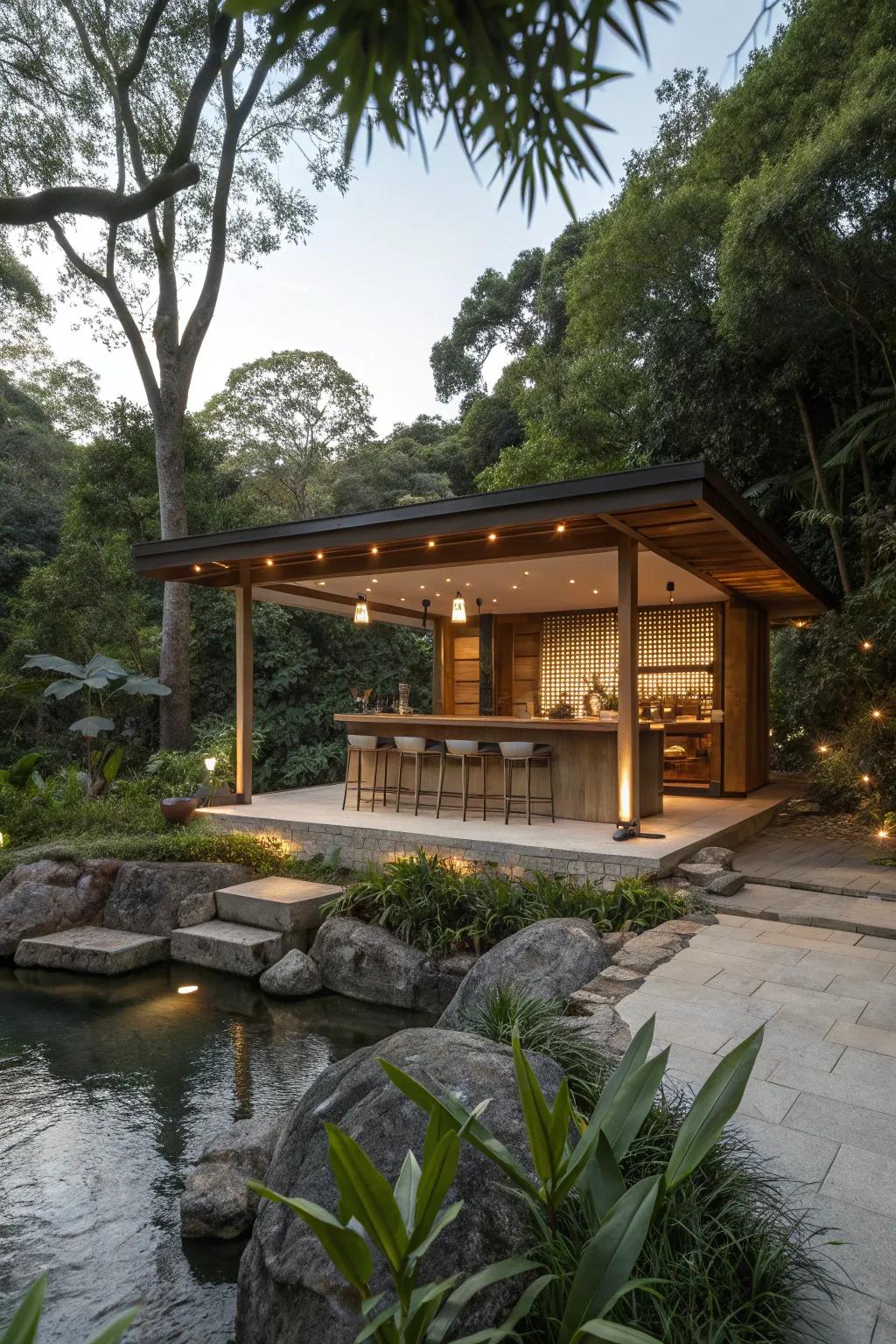 A Zen-inspired gazebo bar for a tranquil outdoor retreat.