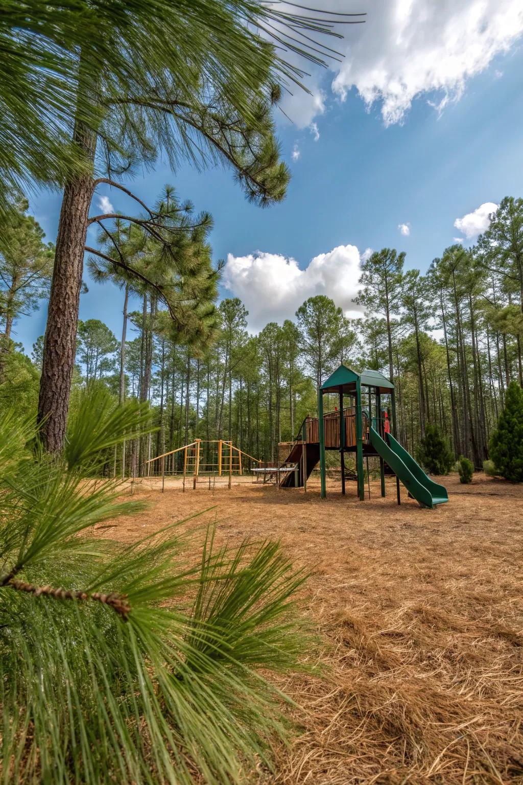 Pine straw offers a natural, soft playground surface with rustic charm.