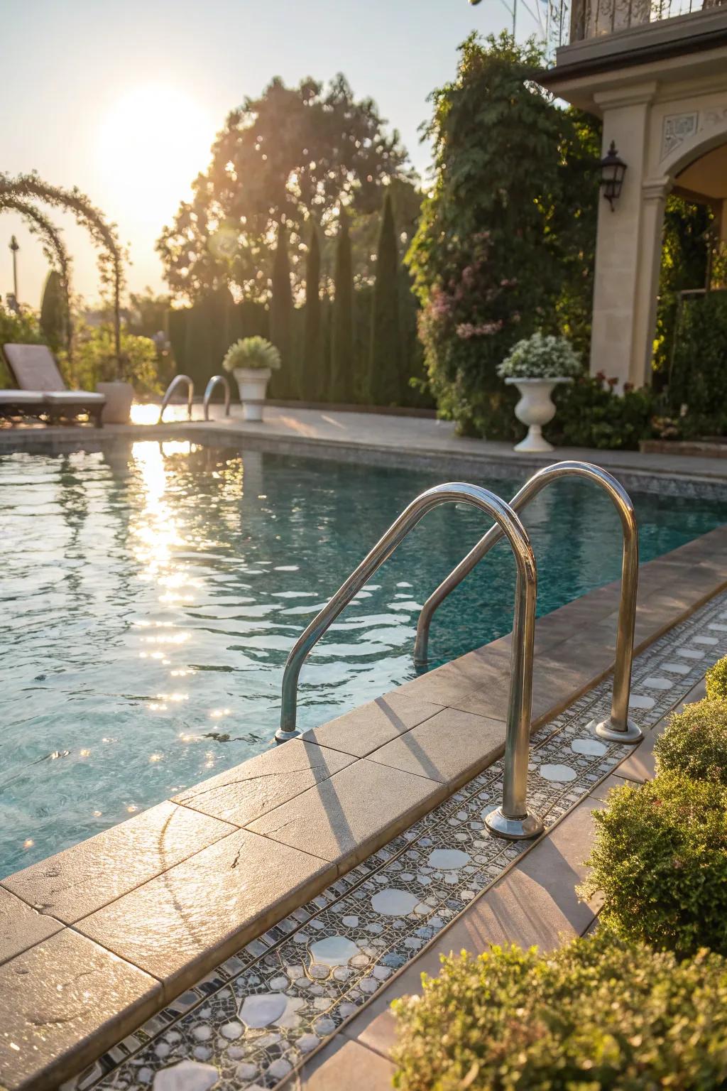 Metallic accents adding a luxurious touch to the pool.