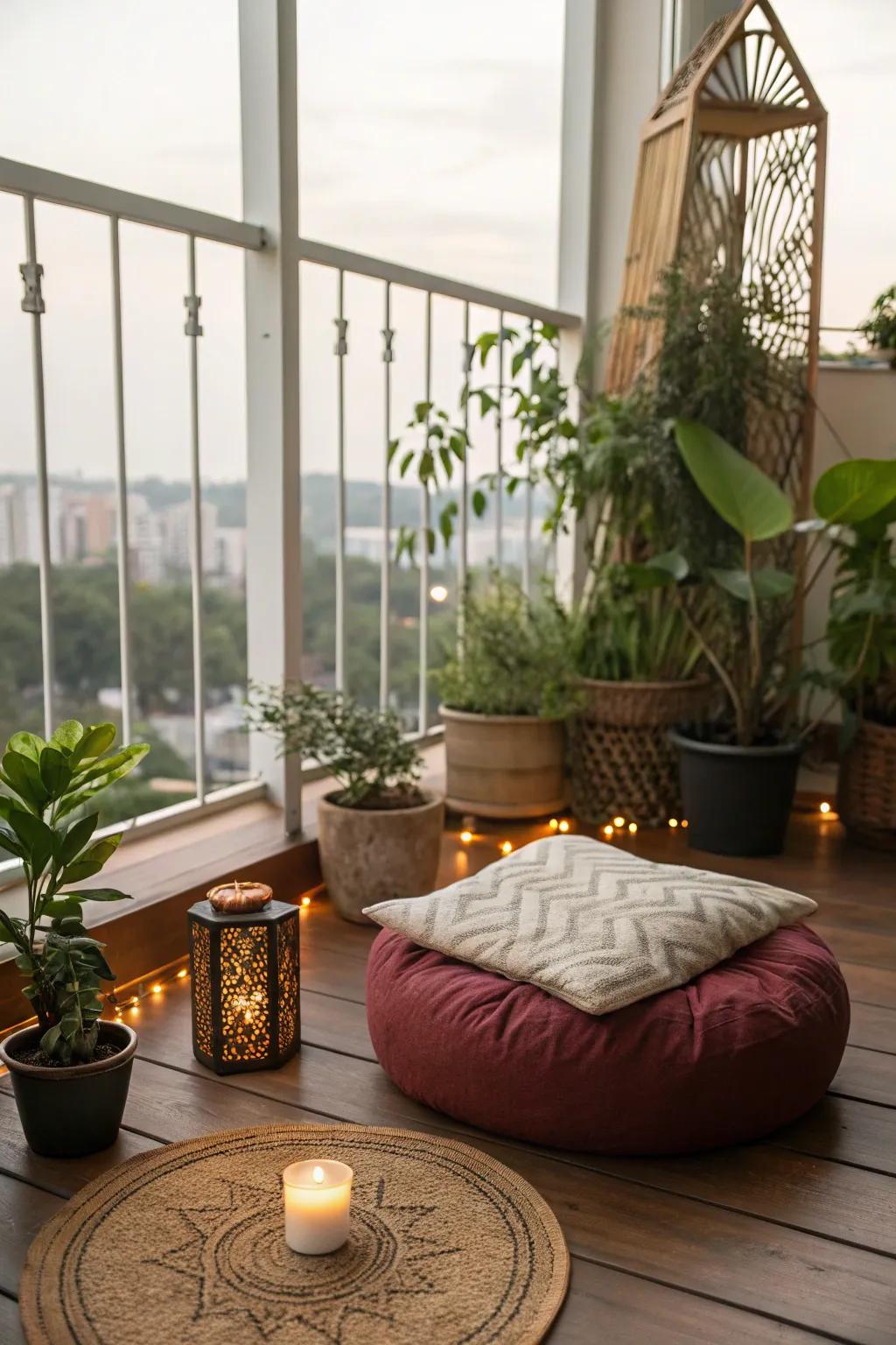 A meditation spot offers a peaceful retreat on your balcony.