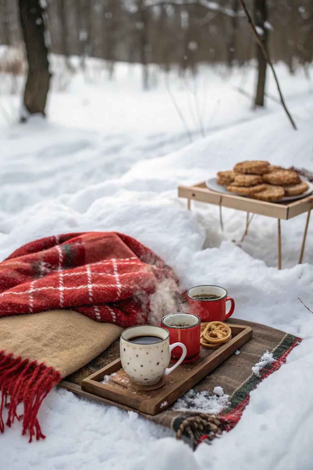 A winter picnic with cozy blankets and hot drinks in a snowy setting.
