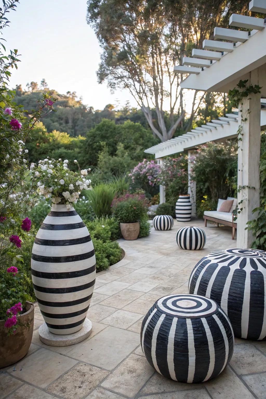 Artistic flair with striped decor elements on the patio.
