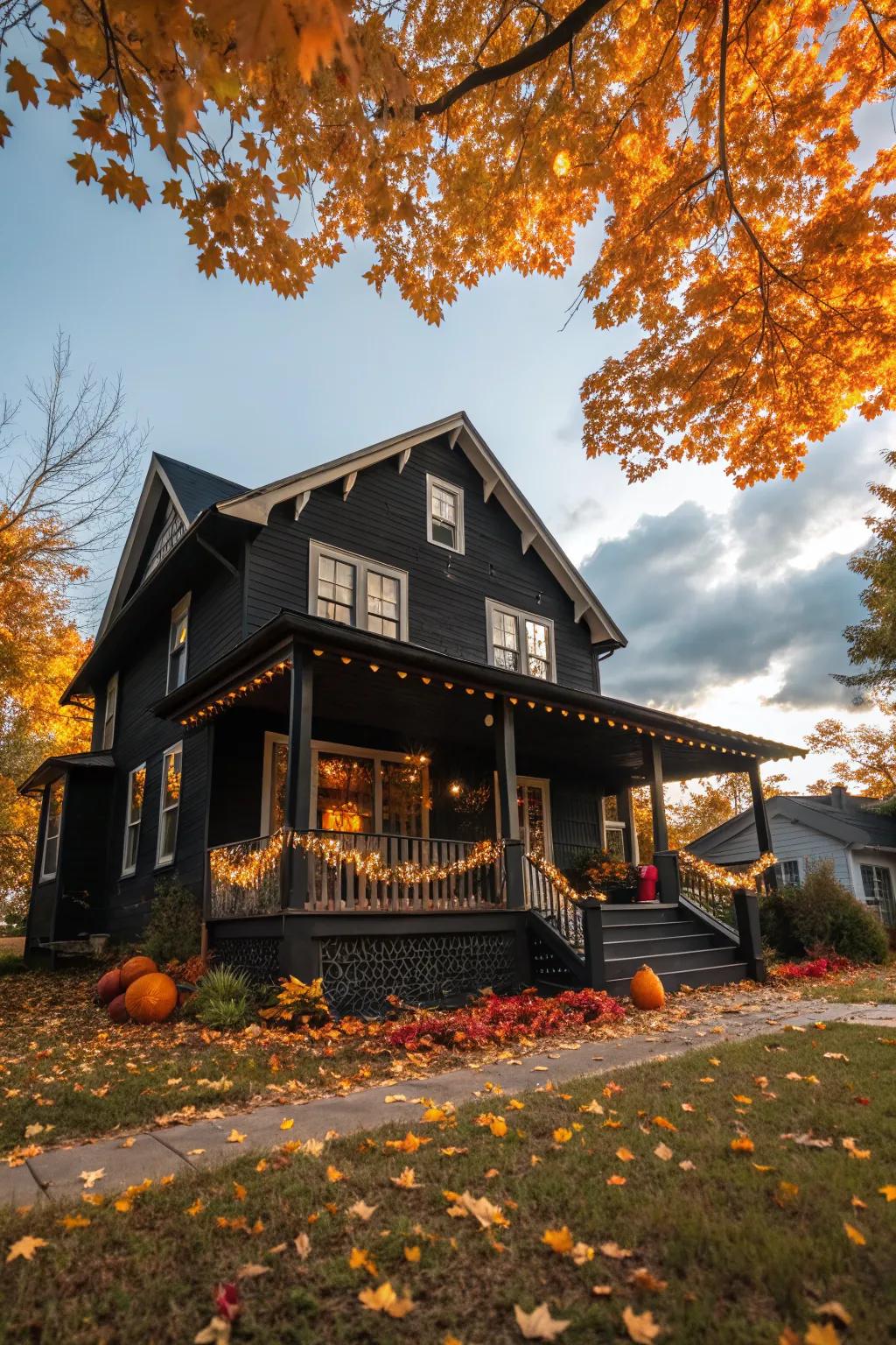 Seasonal decor shines against a black house exterior.