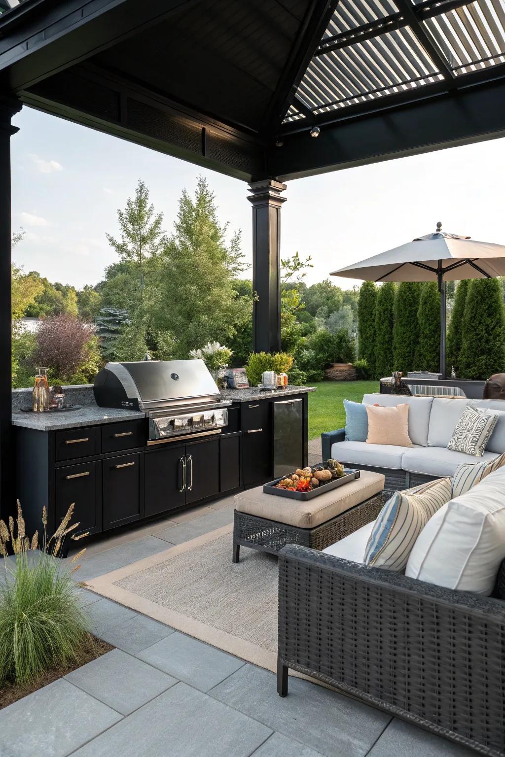 A luxurious lounge area complements the outdoor kitchen.