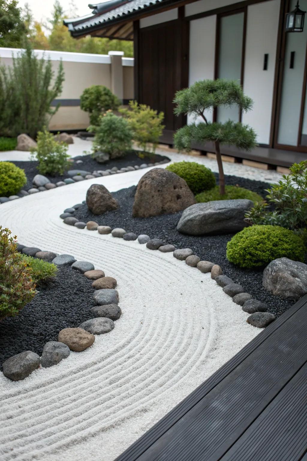 A tranquil Zen garden featuring black rubber mulch.