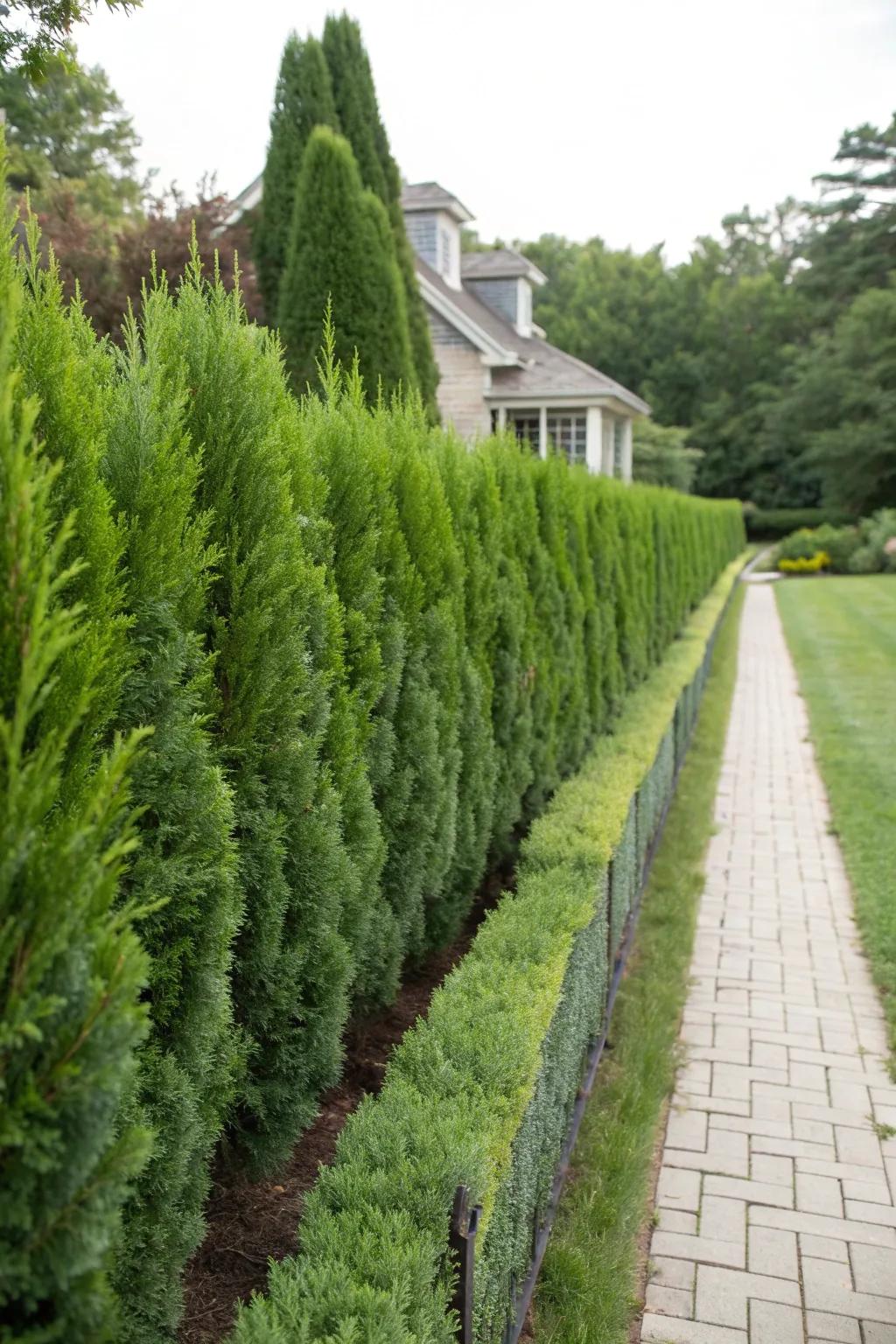 Define your space with a living fence of Blue Point Junipers.