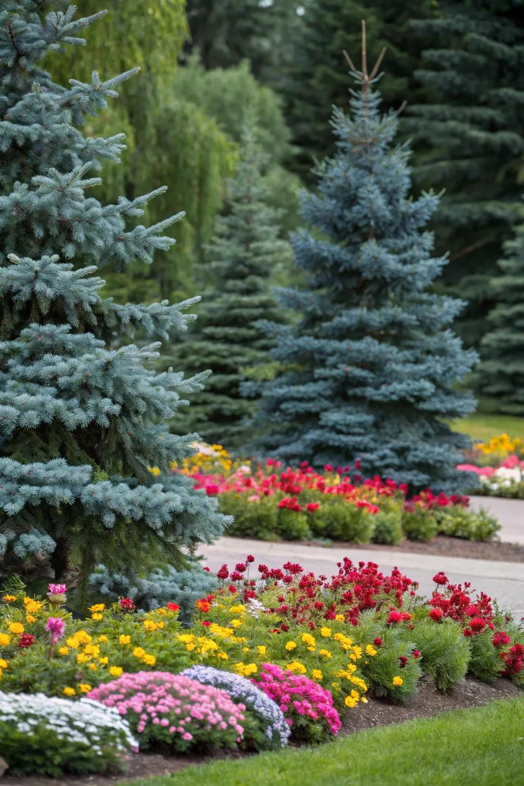 Blue spruce trees provide a stunning backdrop for vibrant flowers.