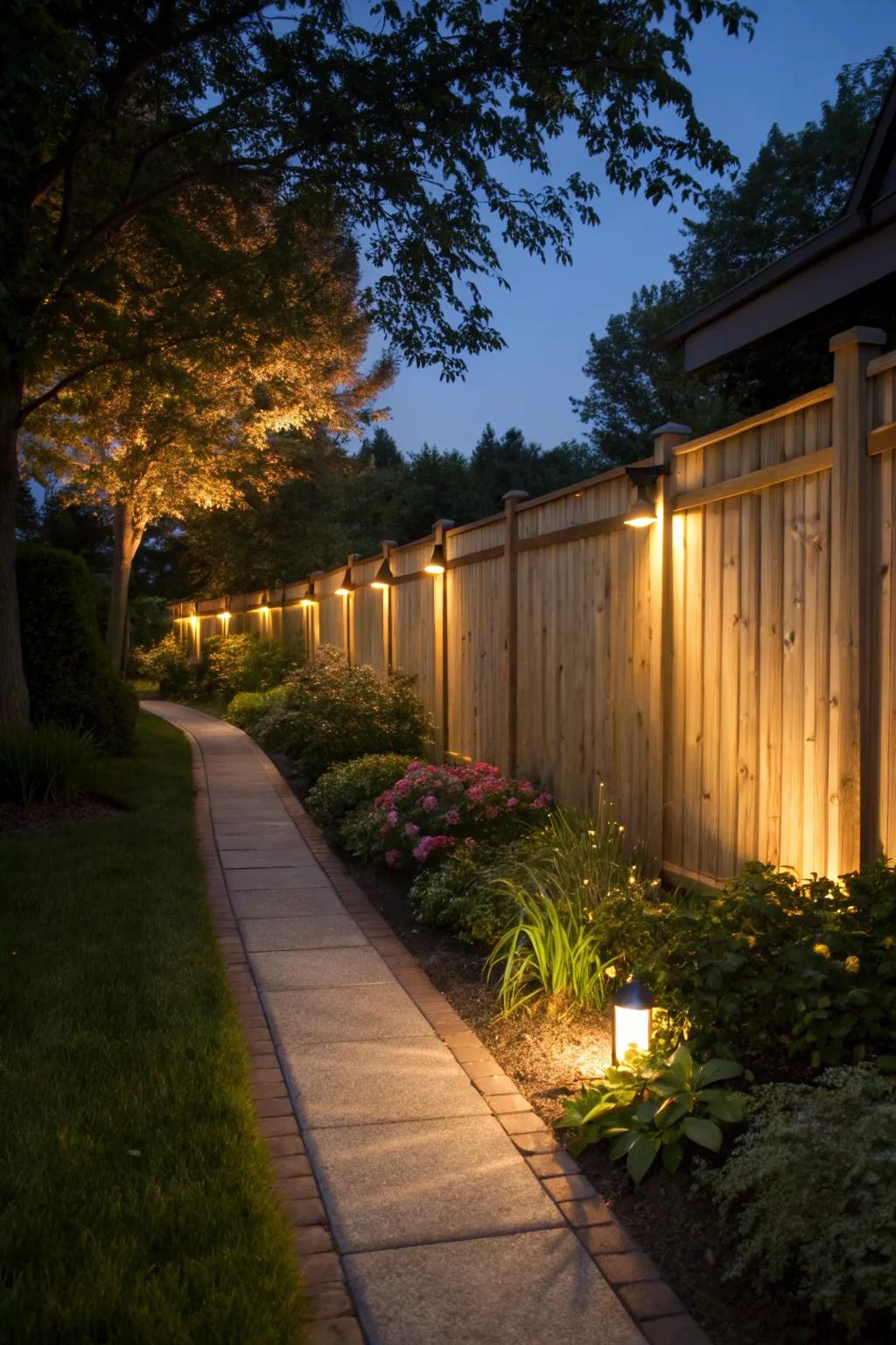 Lighting adds ambiance to a garden fence.