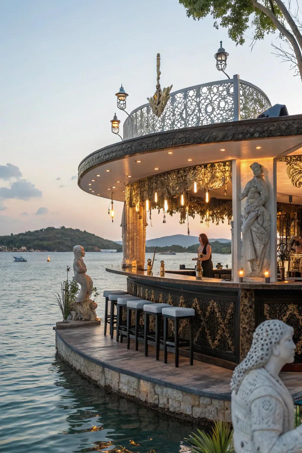 Artistic decor adds a personal and creative touch to this dockside bar.