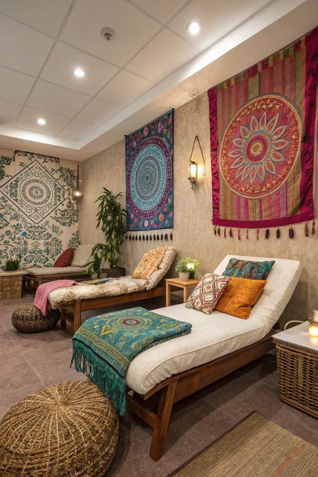 Bohemian furniture sets the tone for a unique spa experience.