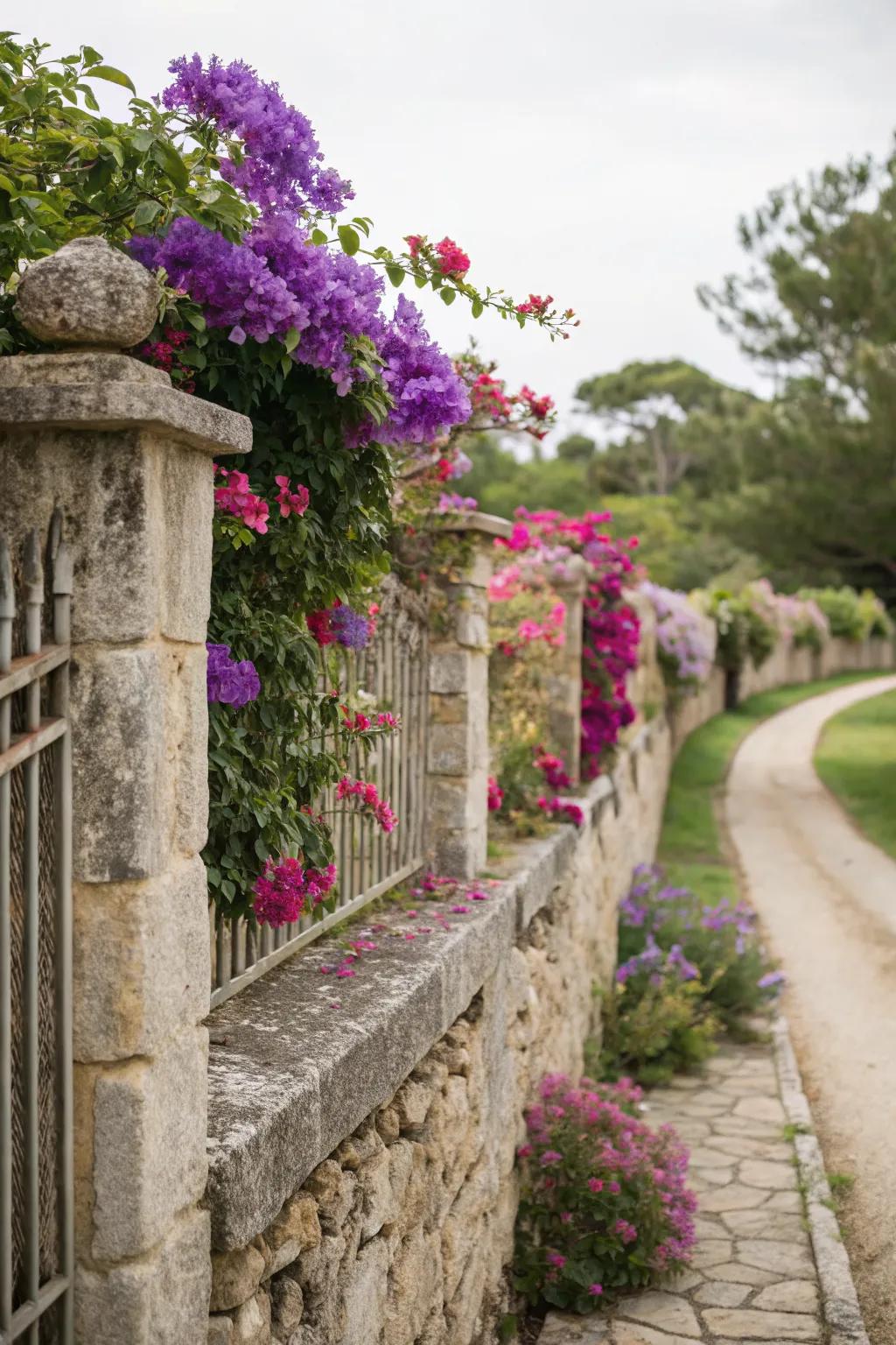 Combine stone and bougainvilleas for rustic elegance.