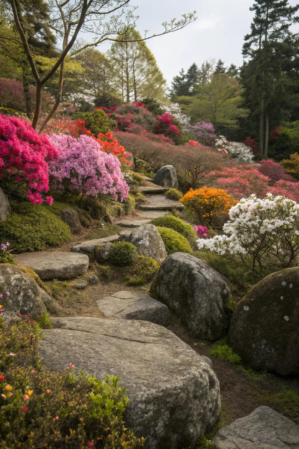 Keep it fresh with seasonal blooms around boulders.
