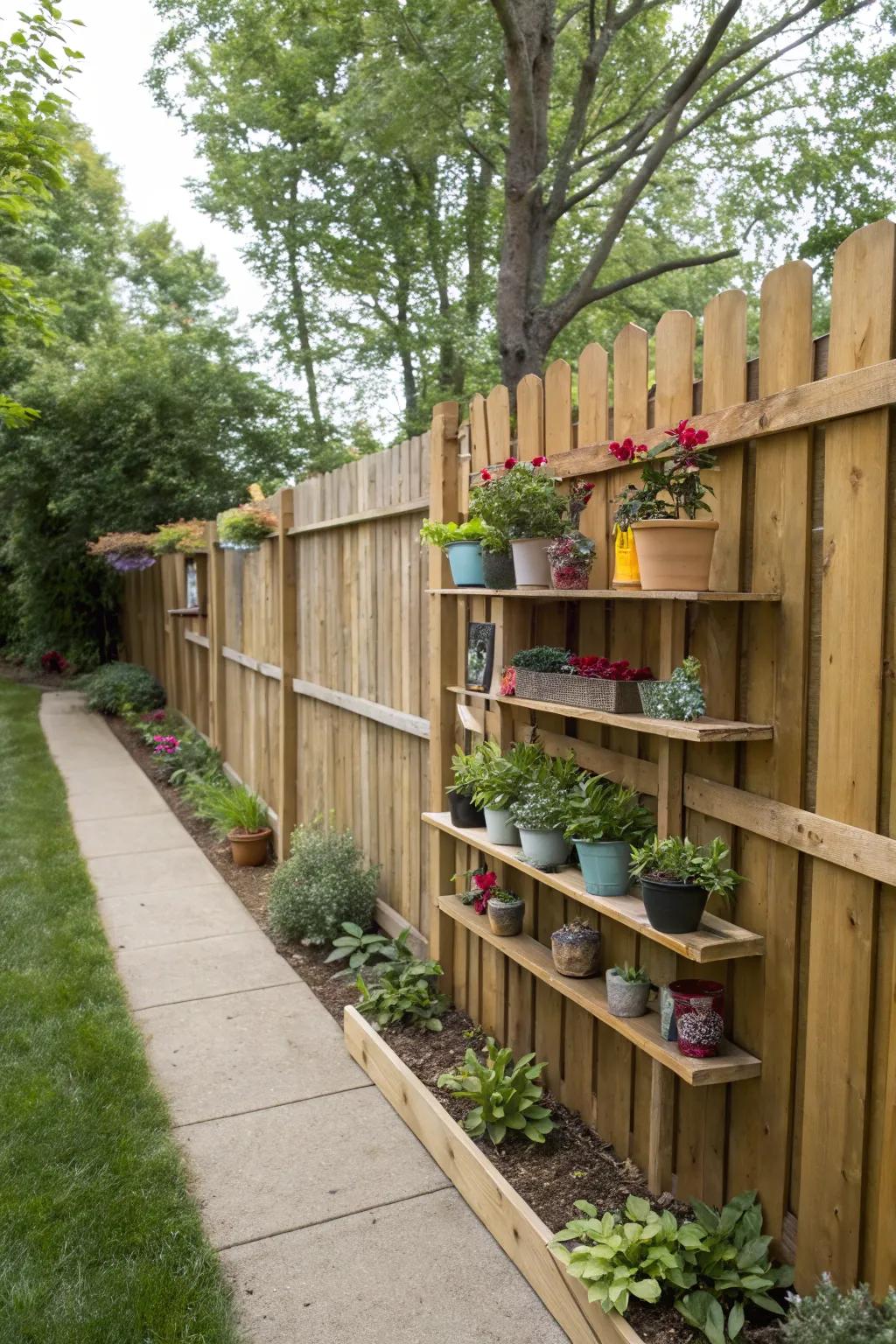 A functional fence with shelves for added storage.