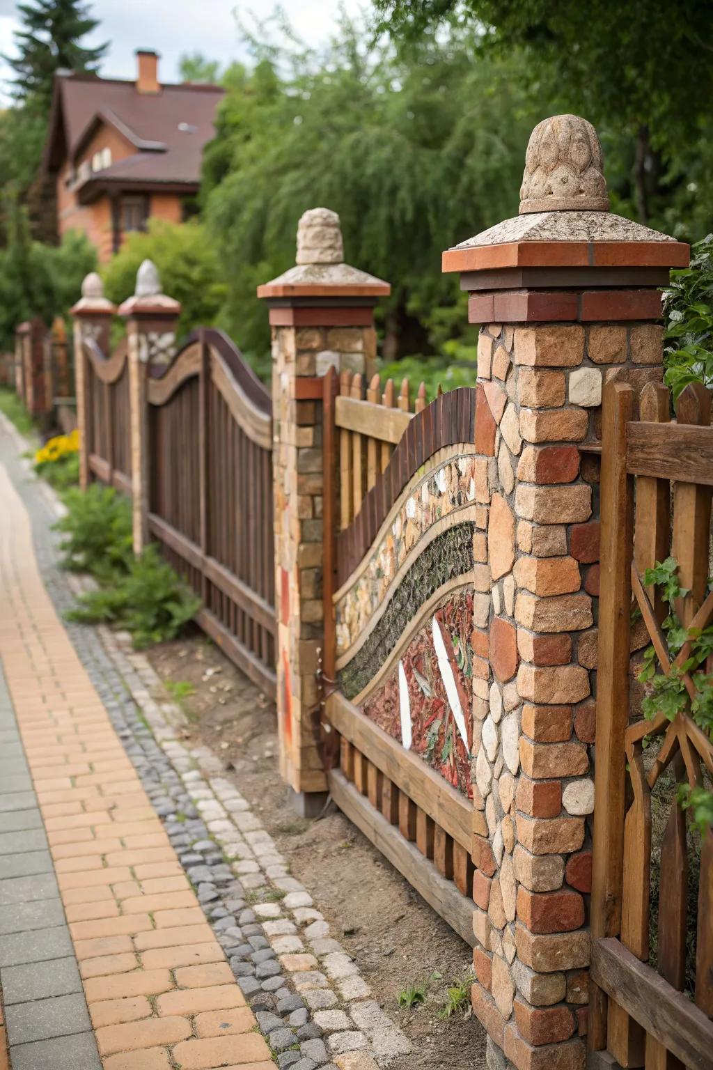 An artistic mosaic fence with small bricks and wood