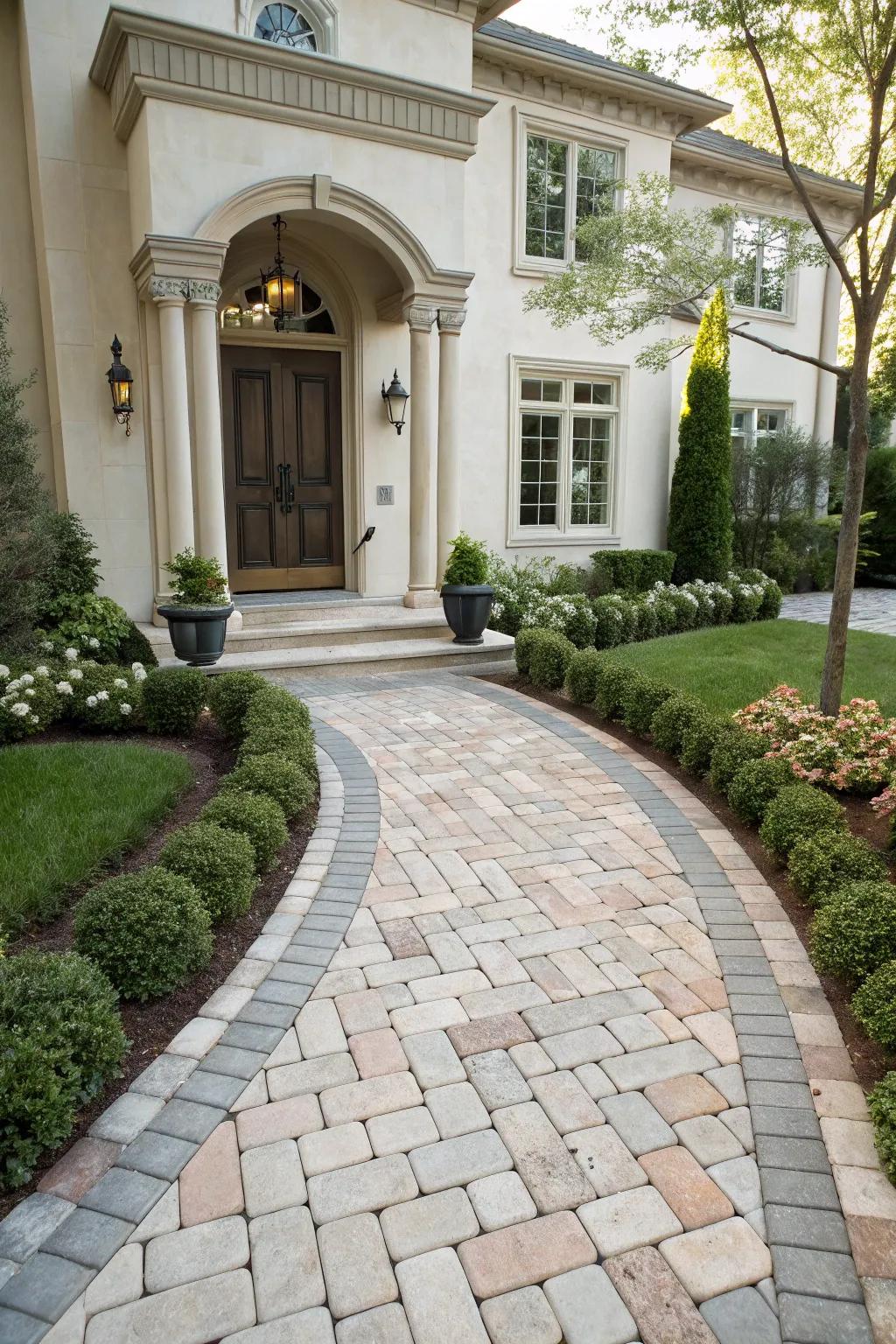 A home entrance showcasing a Carrara-style brick paver pattern.