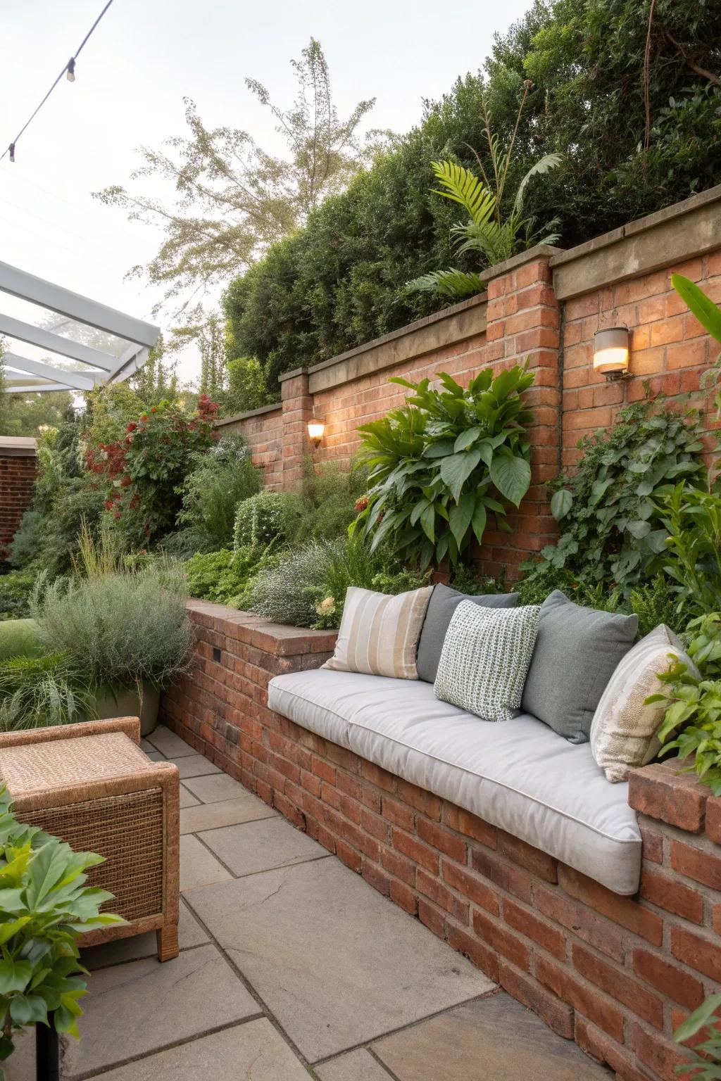 A brick planter wall forming a cozy corner for peaceful garden moments.