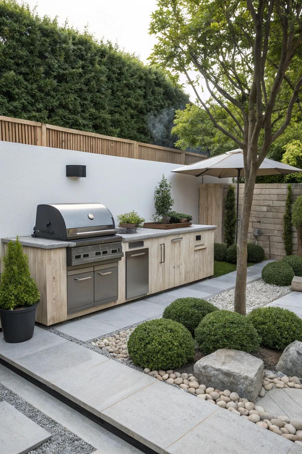 Zen garden elements create a peaceful, meditative atmosphere for grilling.
