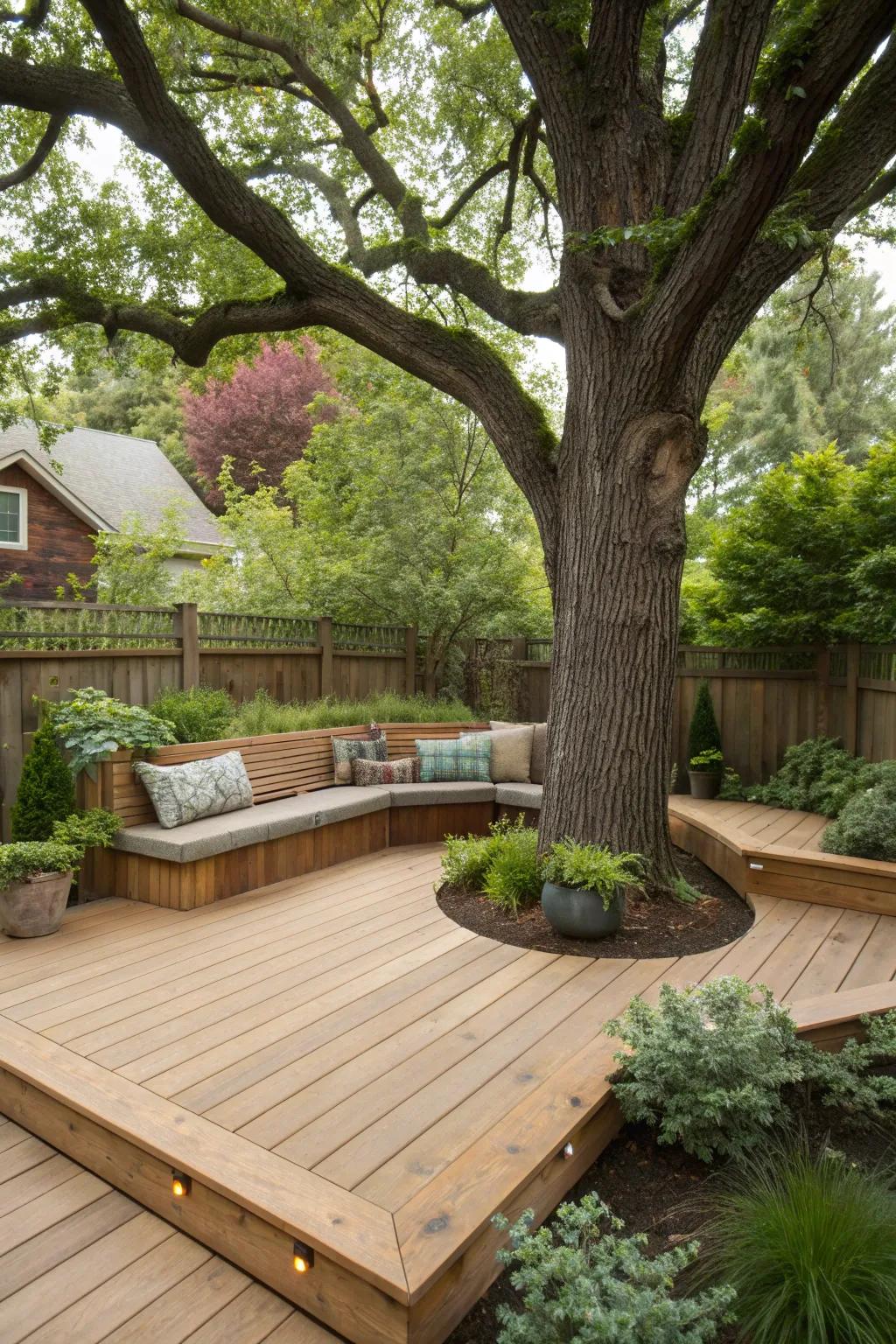 Celebrate nature with tree-hugging deck seats.