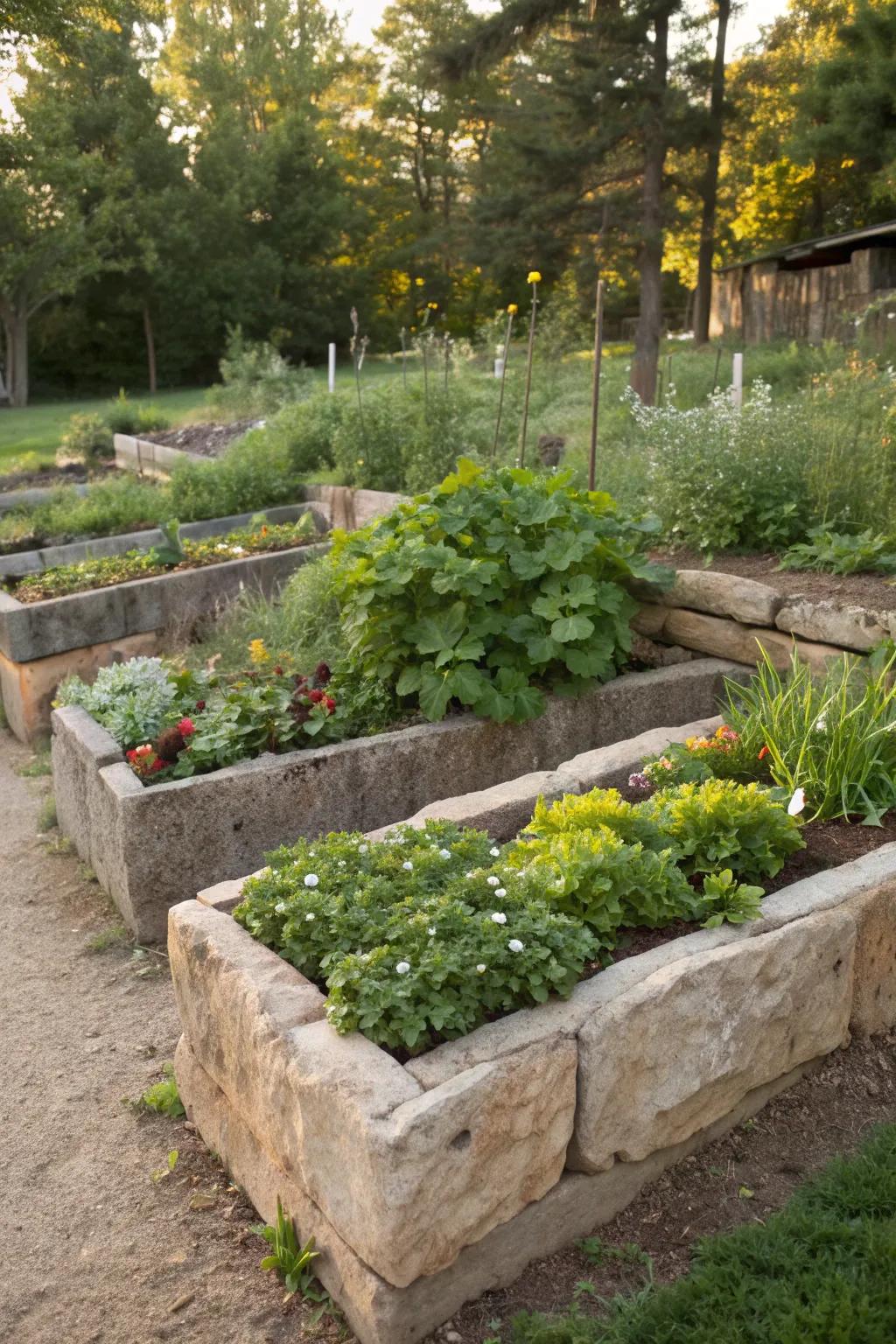Raised garden beds lined with bull rocks, offering improved drainage and style.