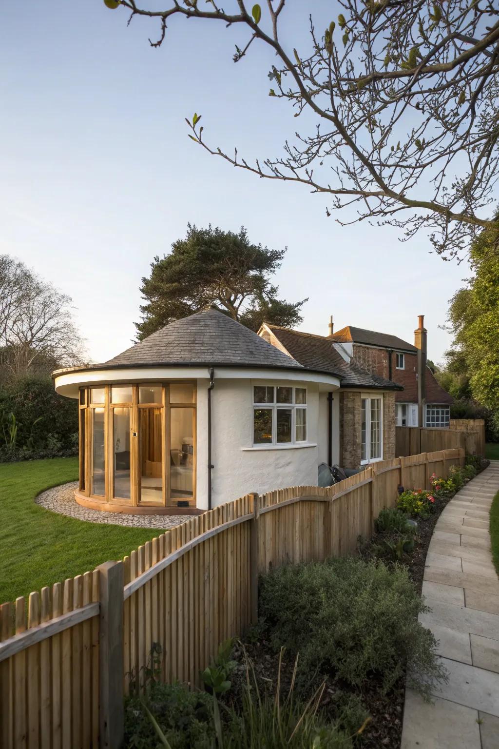 A visually striking circular extension on a bungalow.