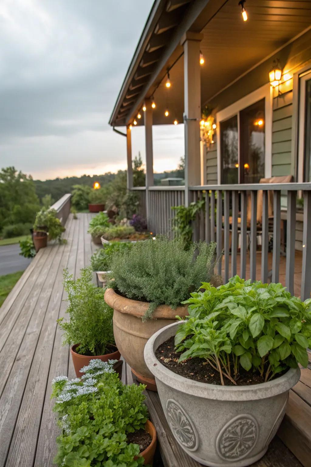 A herb garden on the porch adds beauty and practicality.