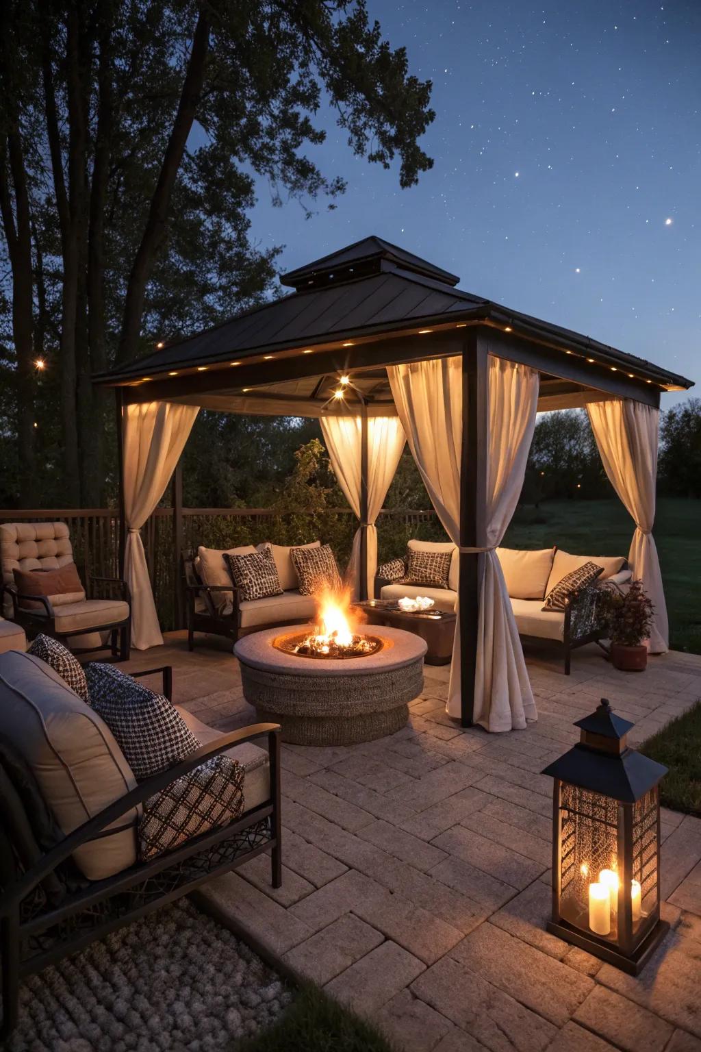 A fire pit lounge cabana that’s perfect for cozy nights.