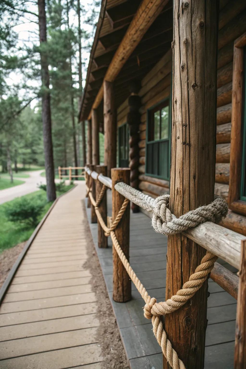 Log and rope combination railing offering rustic charm and practicality.