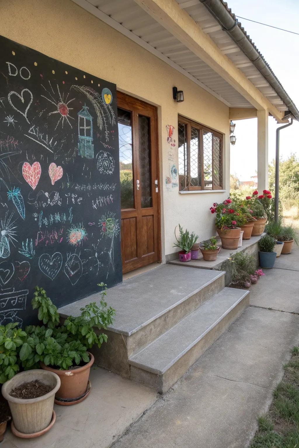 A chalkboard wall adds fun and personal touch to your cement porch.