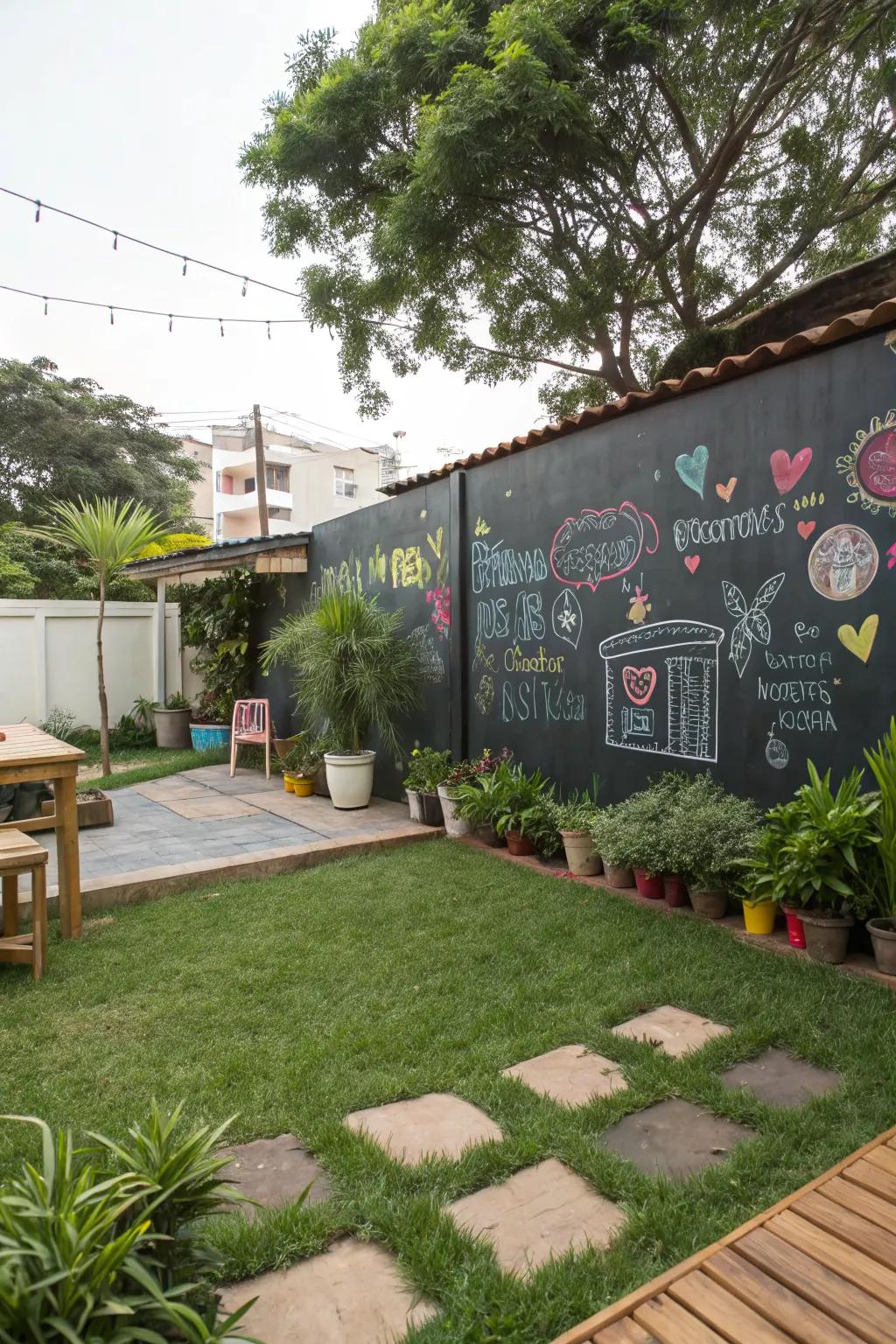 A chalkboard wall adds interactive fun to the backyard.