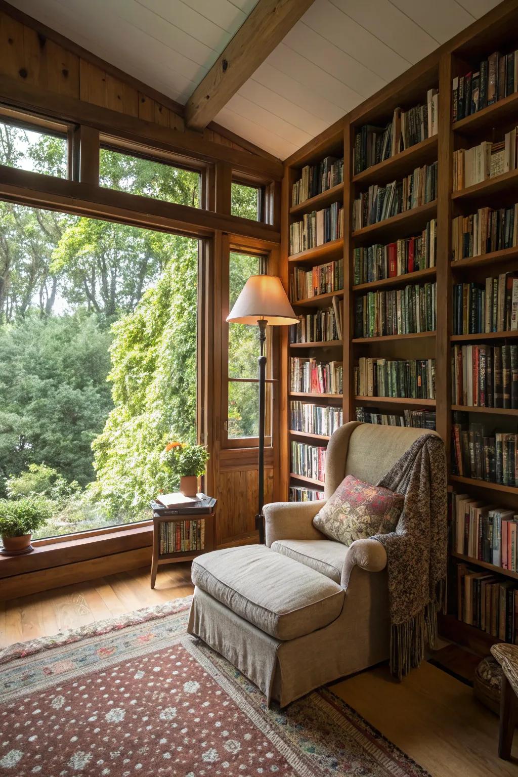 A small library adds a touch of charm to this garden retreat.