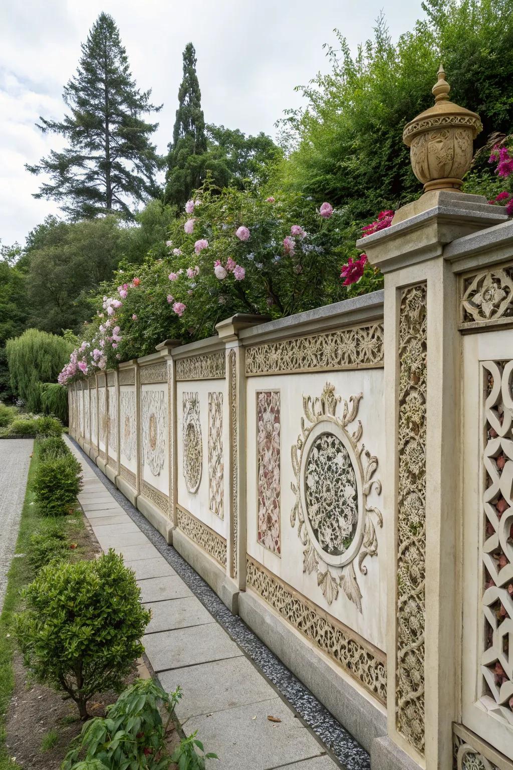 A garden wall enhanced with stylish decorative panels.