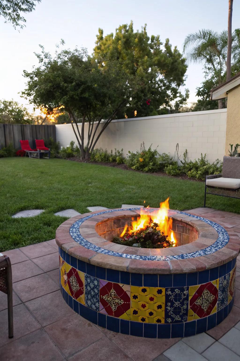 Vibrant and festive tile-adorned fire pit