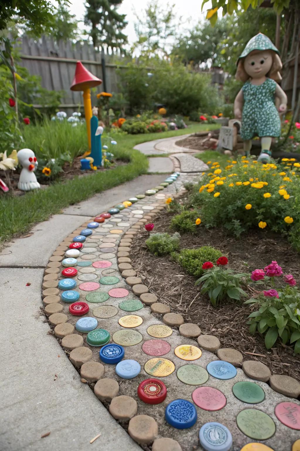 A bottle cap path adds a quirky and colorful touch to your garden.