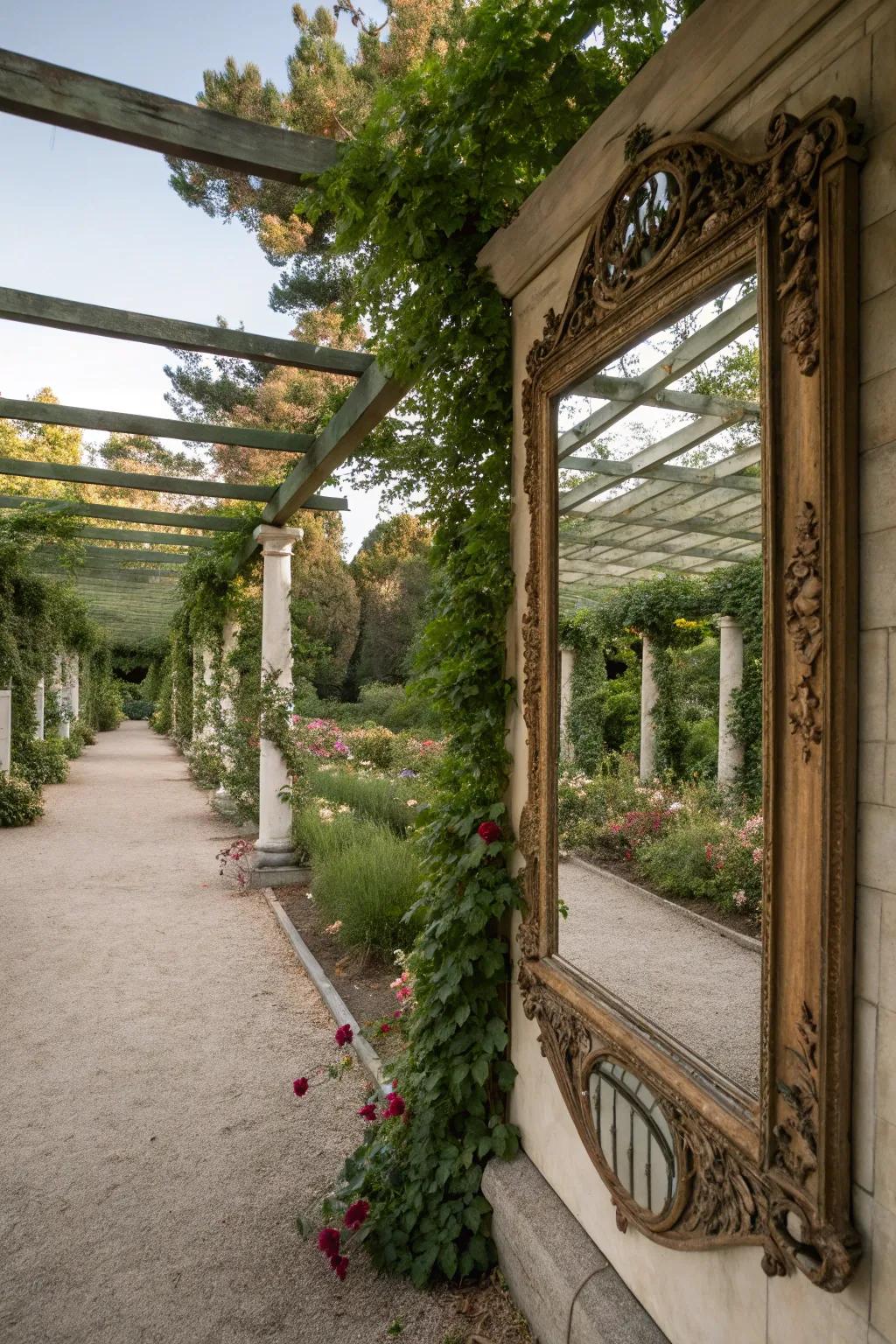 A mirror expands the visual space under your pergola.
