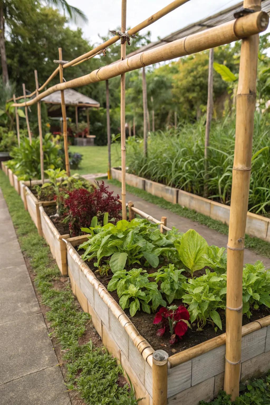 Bamboo poles offer a natural and exotic border for raised garden beds.
