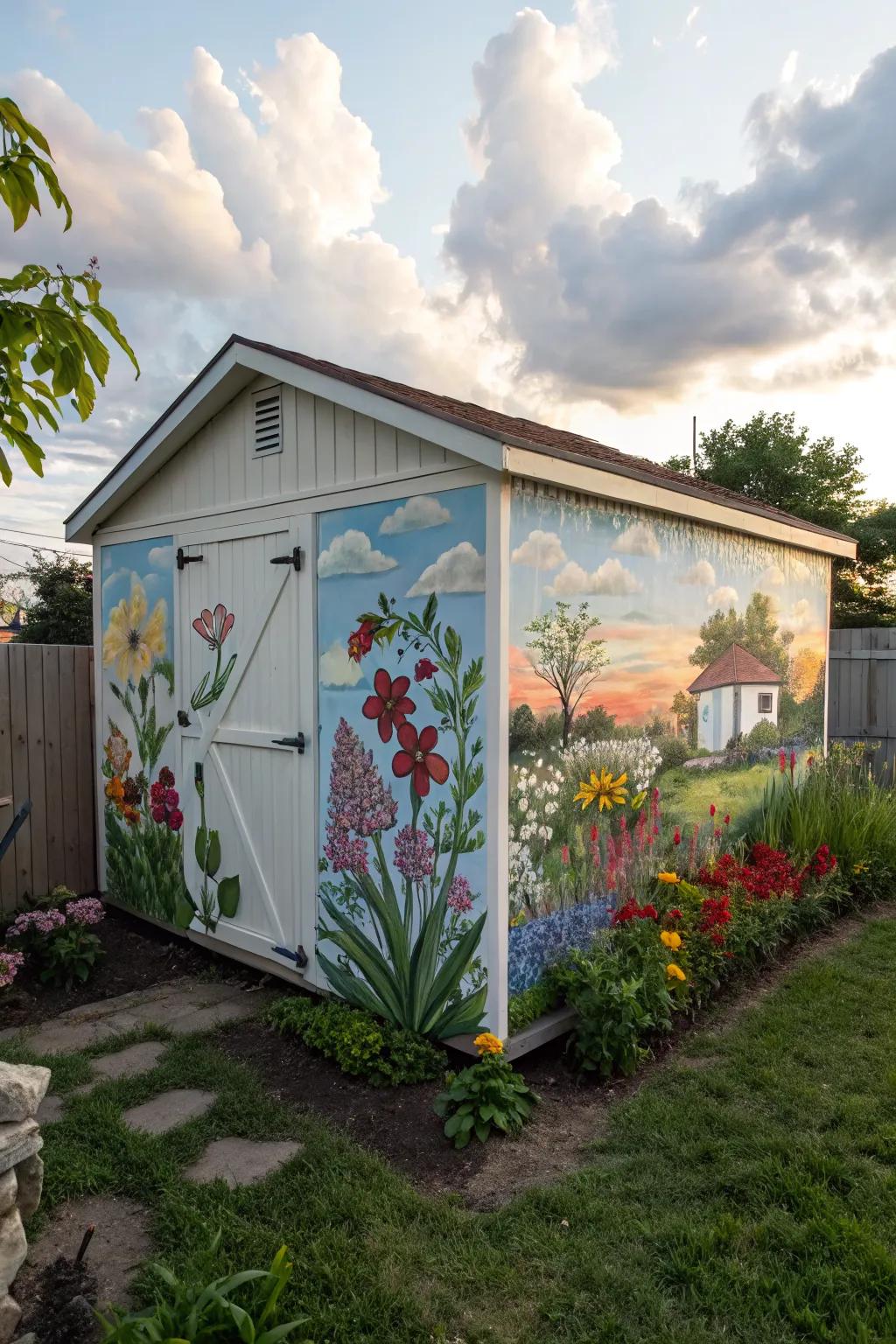 An artistic mural transforms a shed into a work of art.