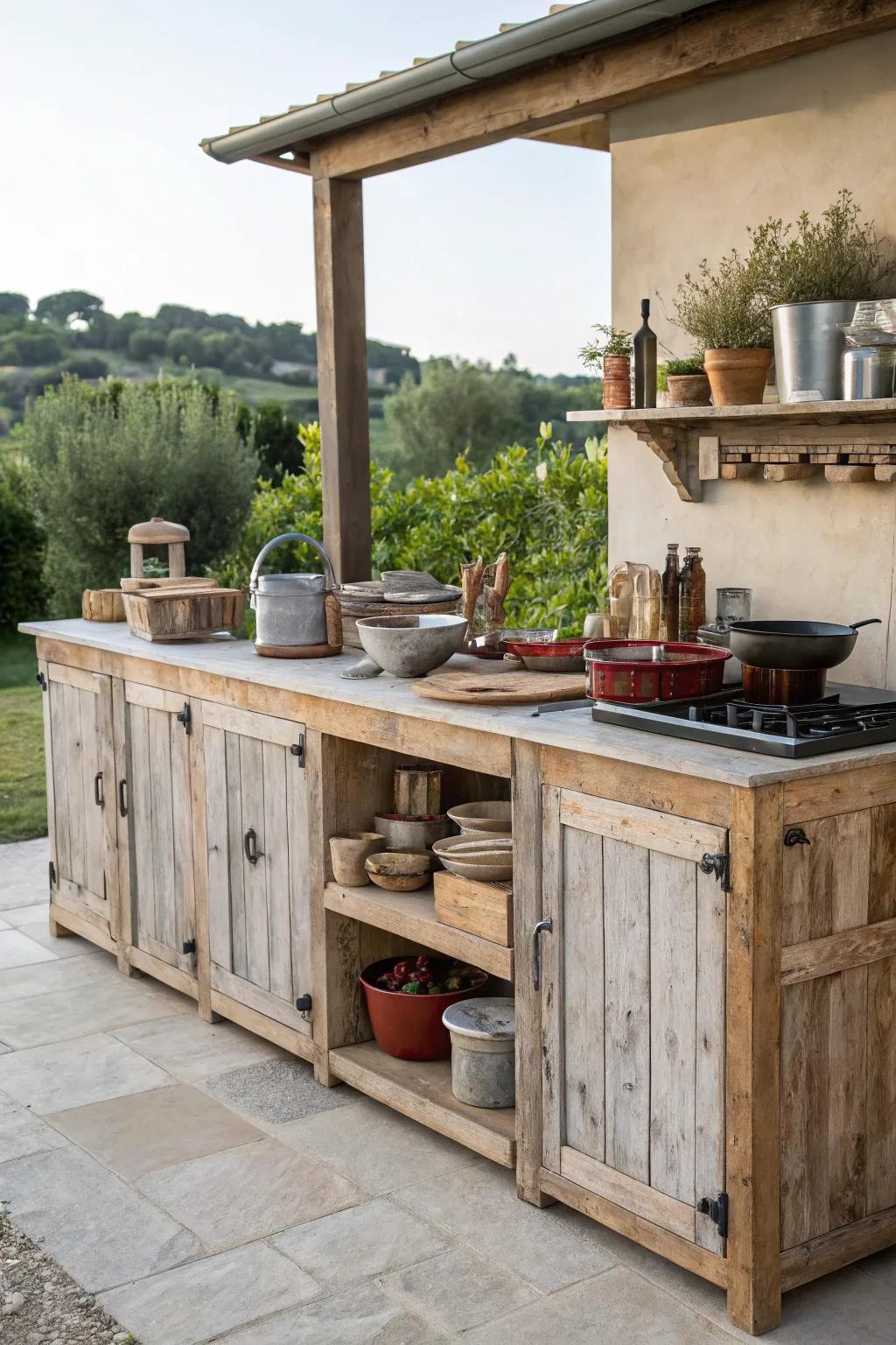Reclaimed wood cabinets offer rustic charm and eco-friendly storage.