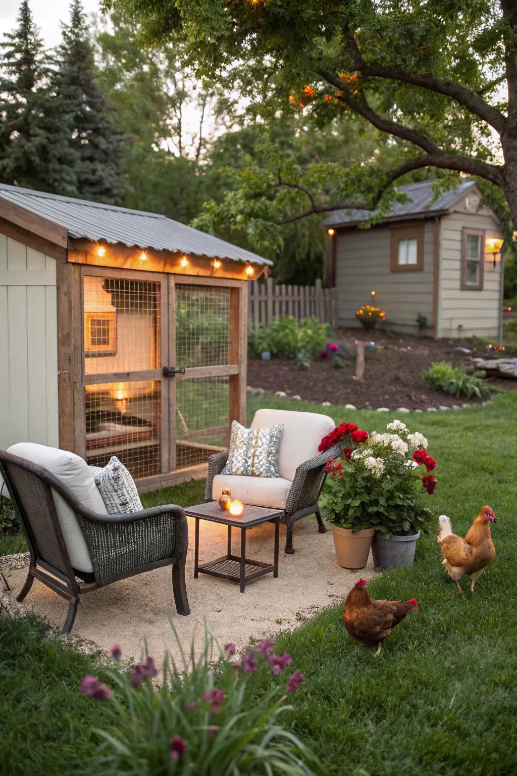 A seating area provides a peaceful spot to enjoy the company of your chickens.