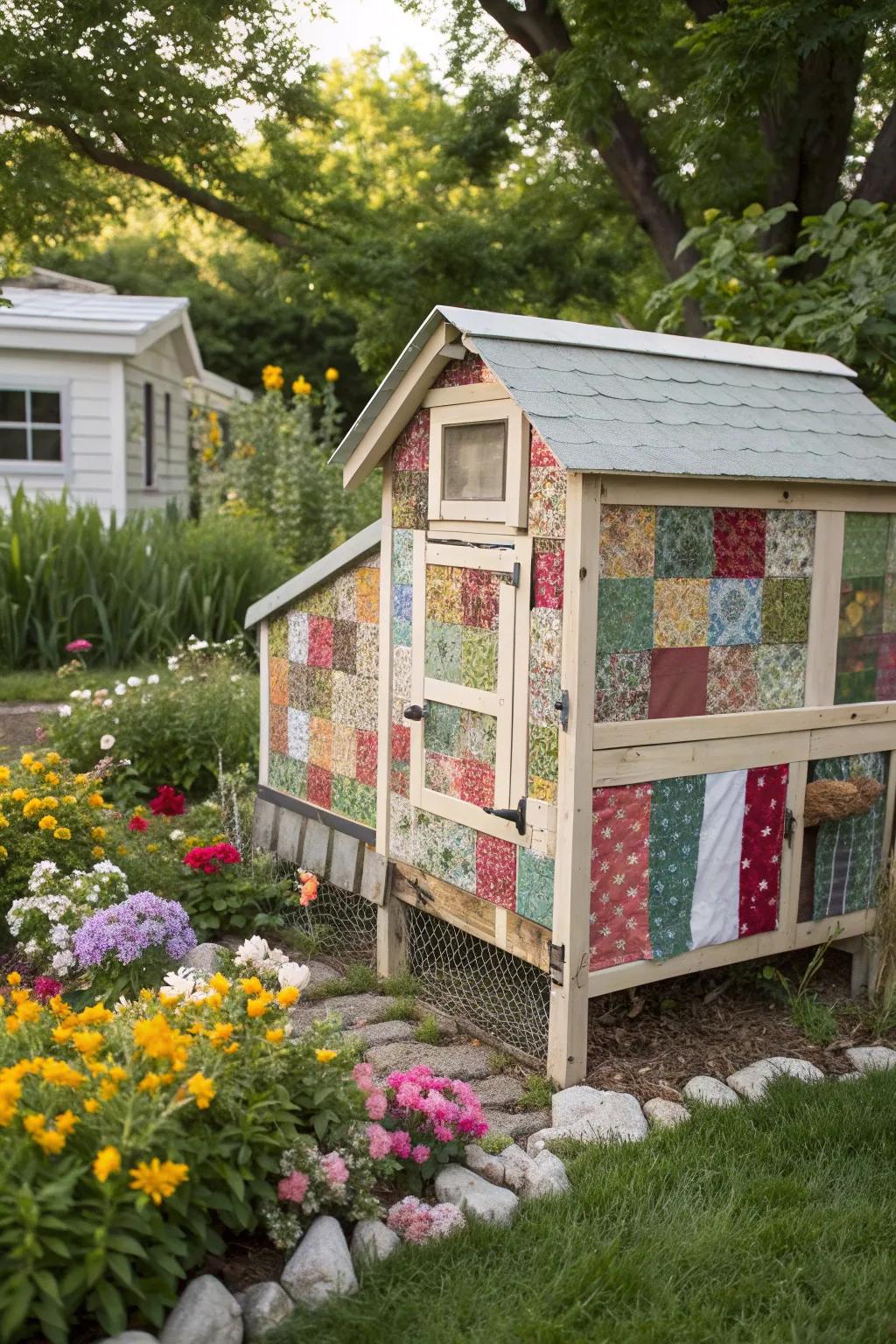A uniquely artistic chicken coop with a vibrant patchwork quilt design.