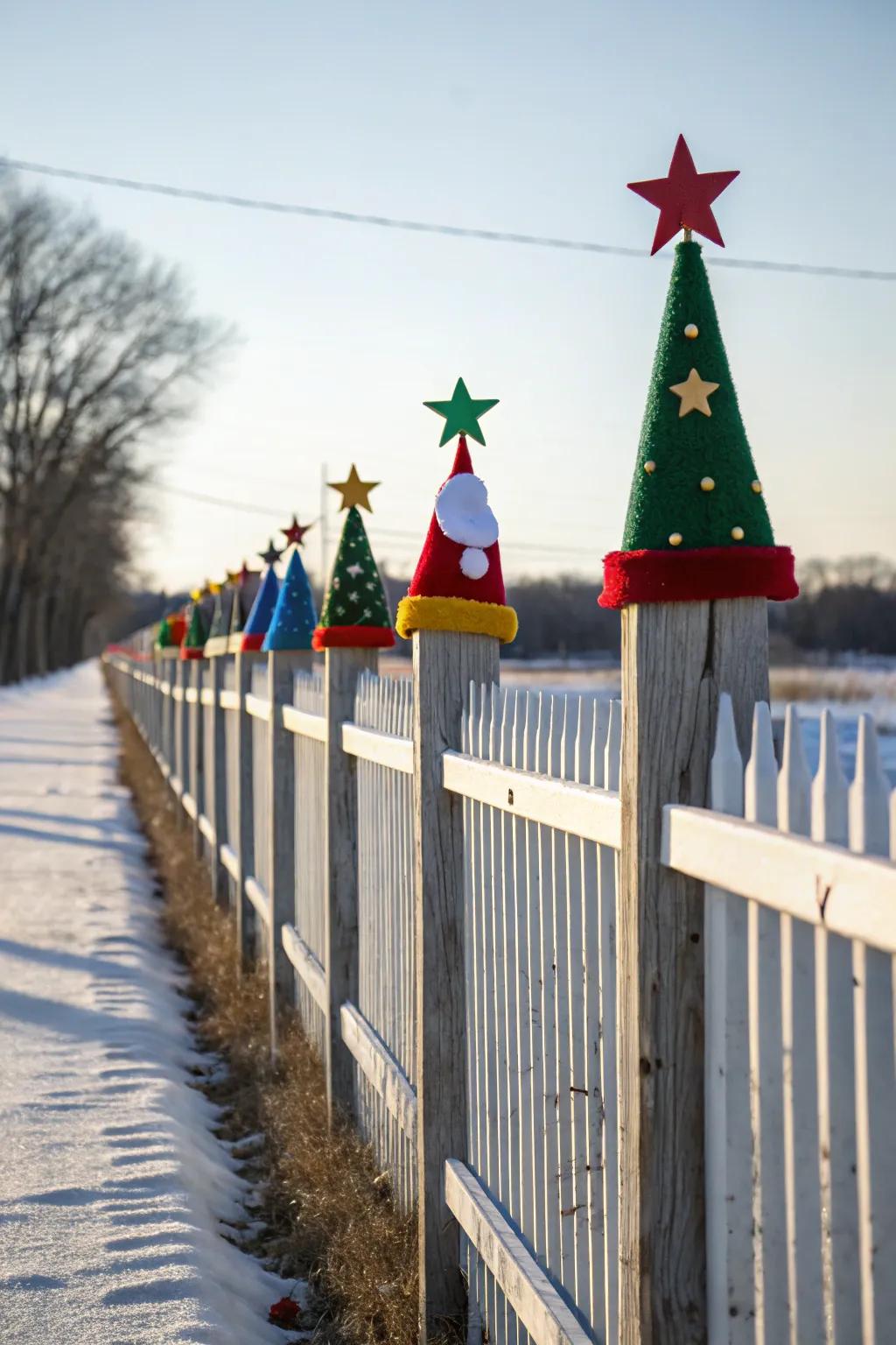 Festive post caps add a delightful finishing touch to the fence.