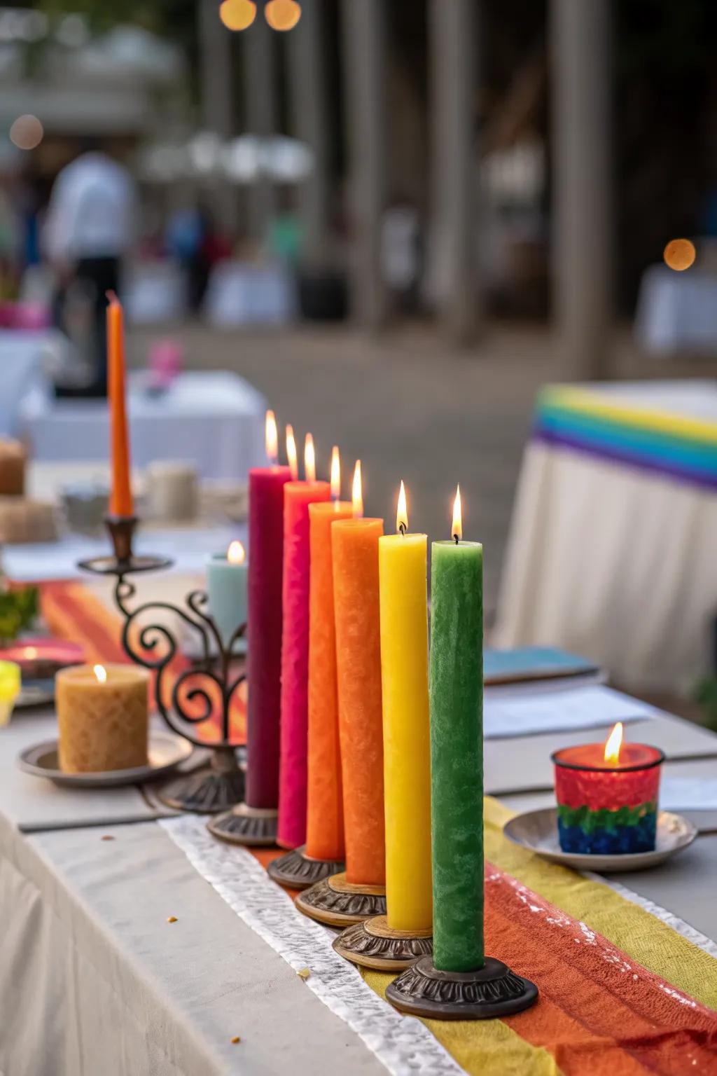 A vibrant candle display lighting up the room