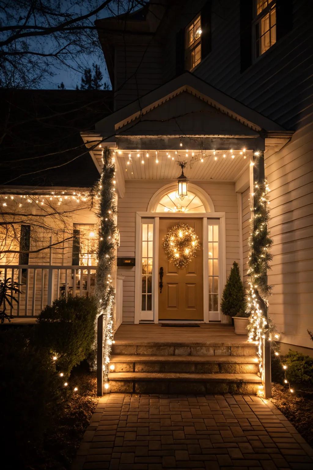 A grand entrance lit with festive lights.